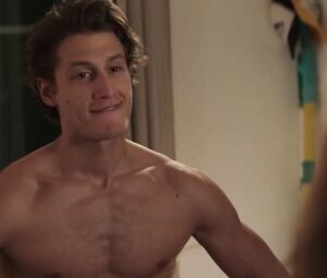 Tempting actress watches handsome young man getting naked and throws herself at him