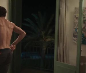 Tempting actress watches handsome young man getting naked and throws herself at him