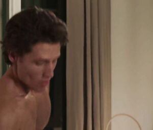 Tempting actress watches handsome young man getting naked and throws herself at him