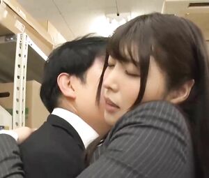 Asian babe touches co-worker's penis with feet and sucks till he cums on her lingerie