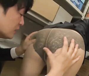 Asian babe touches co-worker's penis with feet and sucks till he cums on her lingerie